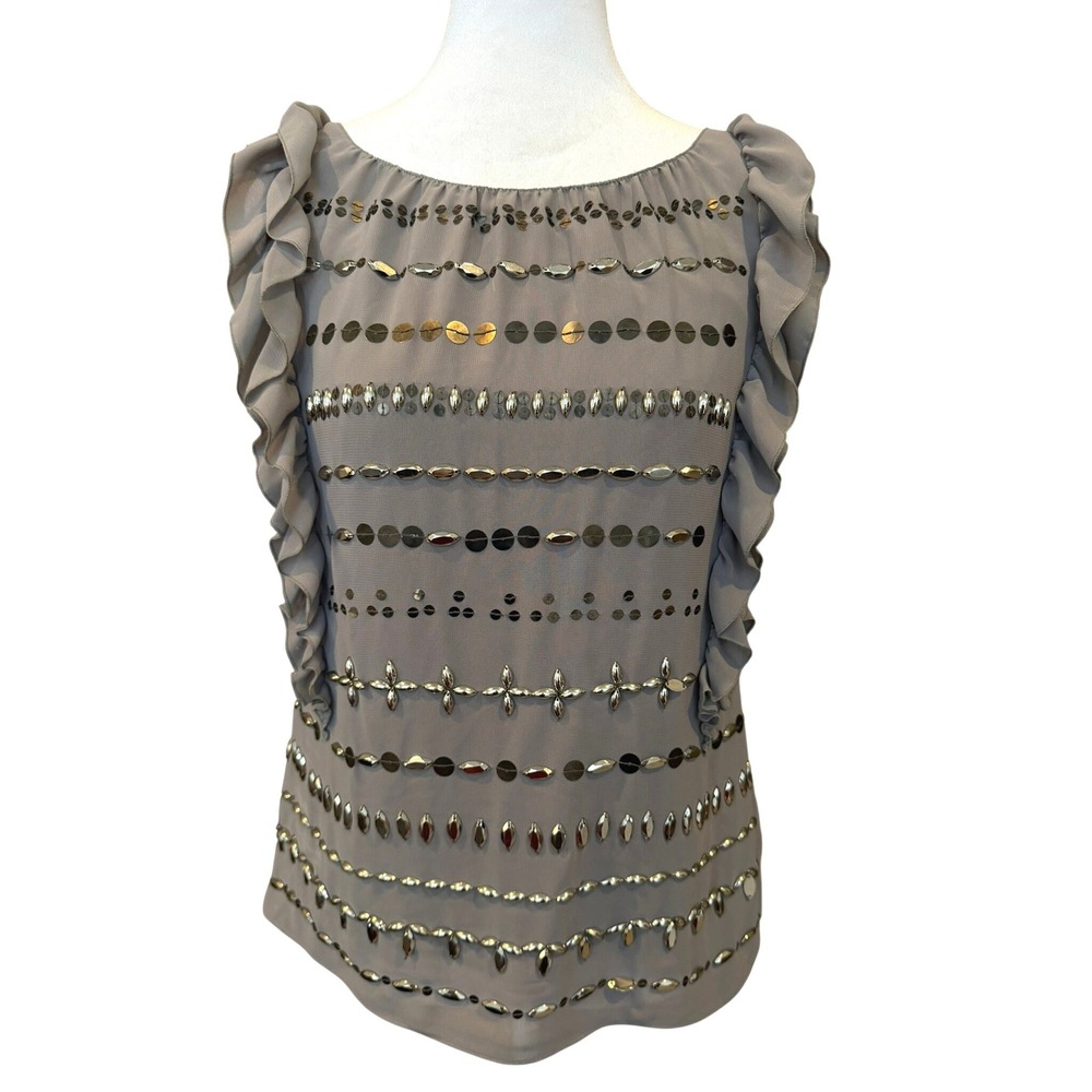 Robbi‎ & Nikki Taupe Beaded Whimsical Sleeveless Blouse Size Small